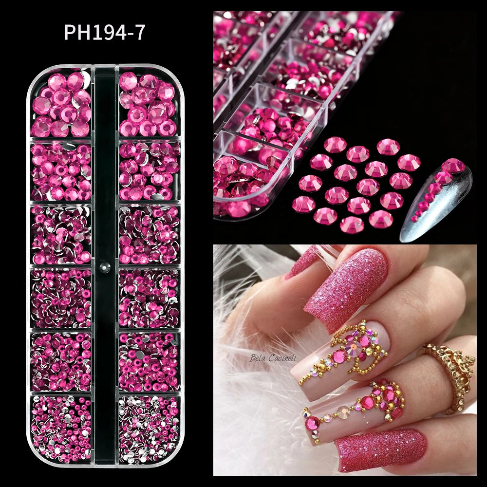 12Grids Pink Mixed Nail Rhinestones Luxury Nail Charms Glitter Crystal Jewelry Gems Nail Art Decoration DIY Manicure Rhinestones