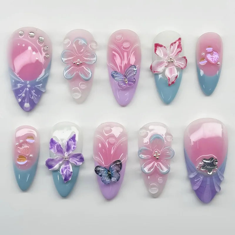 24Pcs Black Y2k Long False Nails with Almond Head Design Cat's Eye Silver Stripe Pattern Press on Fake Nails Wearable Nail Tips