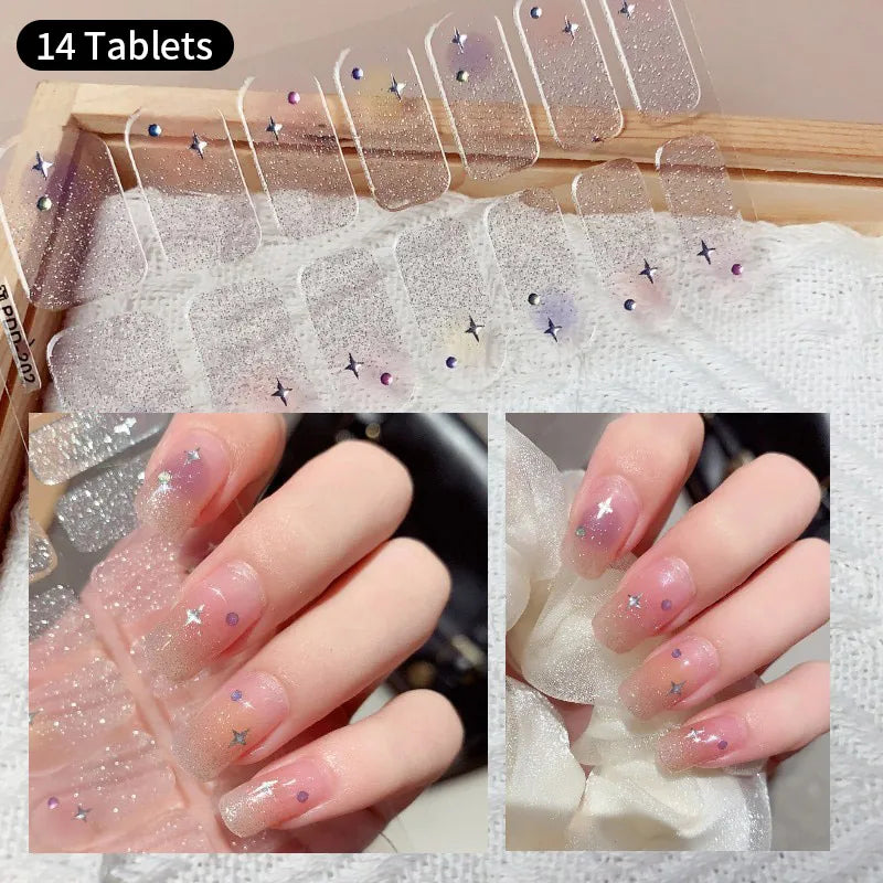 Pink Glitter Design Baking-free Nail Stickers French Style Solid Color Adhesive Full Cover Nail Strip Slider DIY Manicure Decals