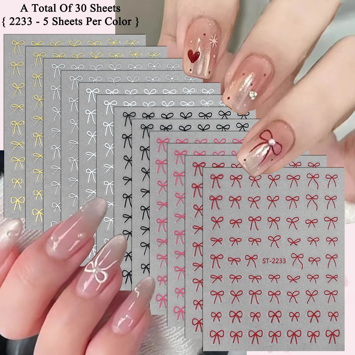2 to 30 Sheets 3D Bow Nail Art Stickers, Mini Ribbon Outline Decals, Transparent Self-Adhesive Cute Design for DIY Manicure