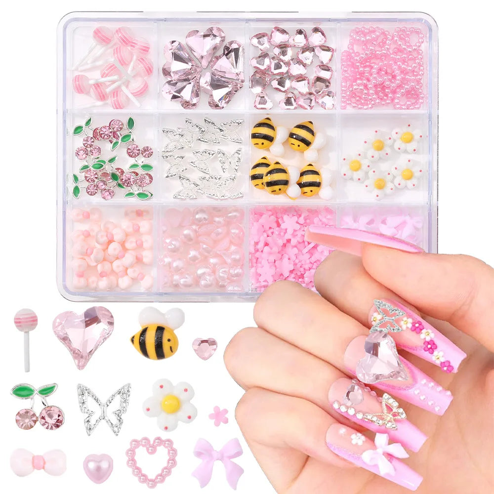 1 Box Pink White Series Bow Heart Nail Charms 3D Arcylic Nail Art Decorations Pearl 5-petal Flower Jewelry Manicure Accessories*