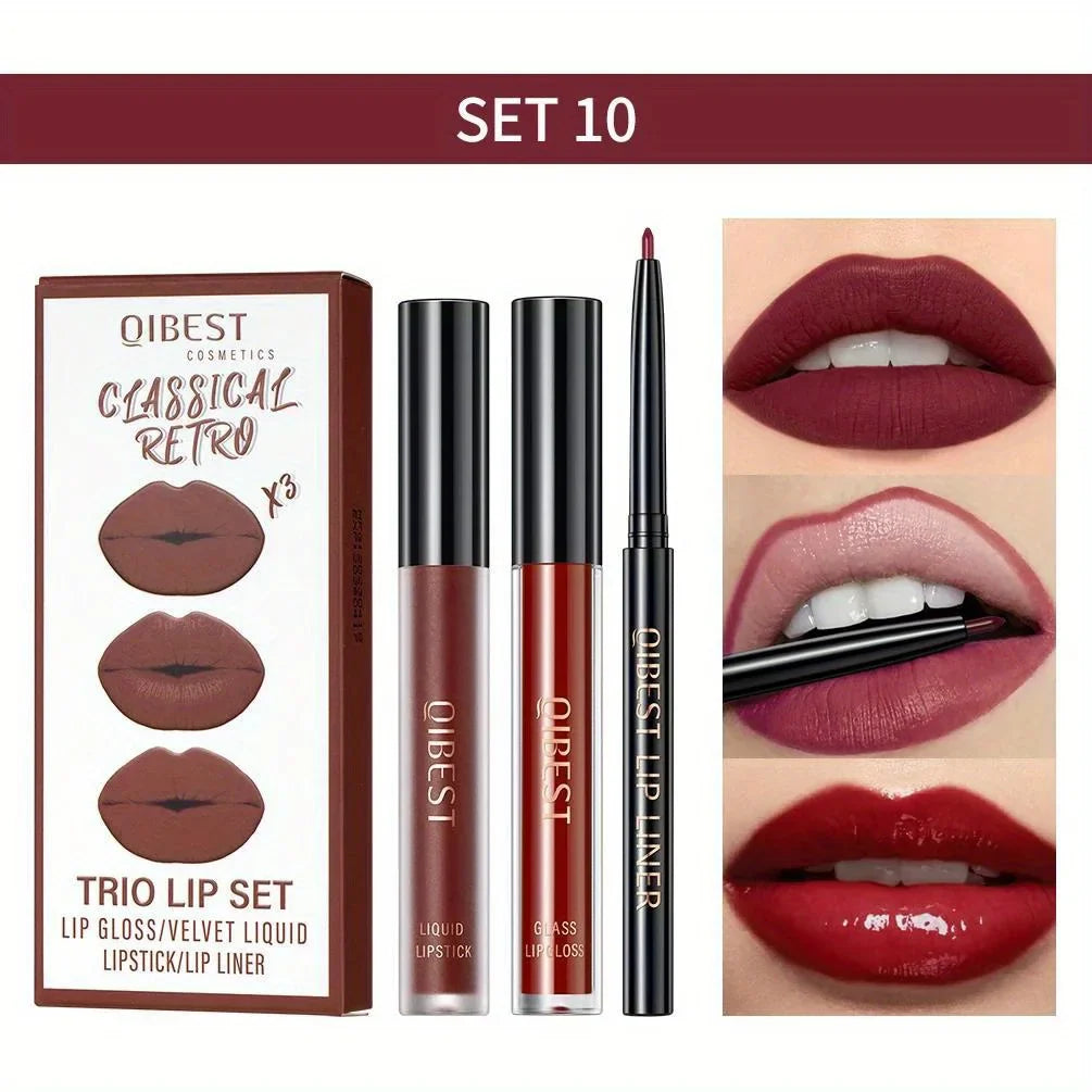 3 in 1 Lipstick and Lipliner Set, Long Lasting Waterproof Lip Stain Liquid Lipgloss Set for Women Halloween Gothic Makeup