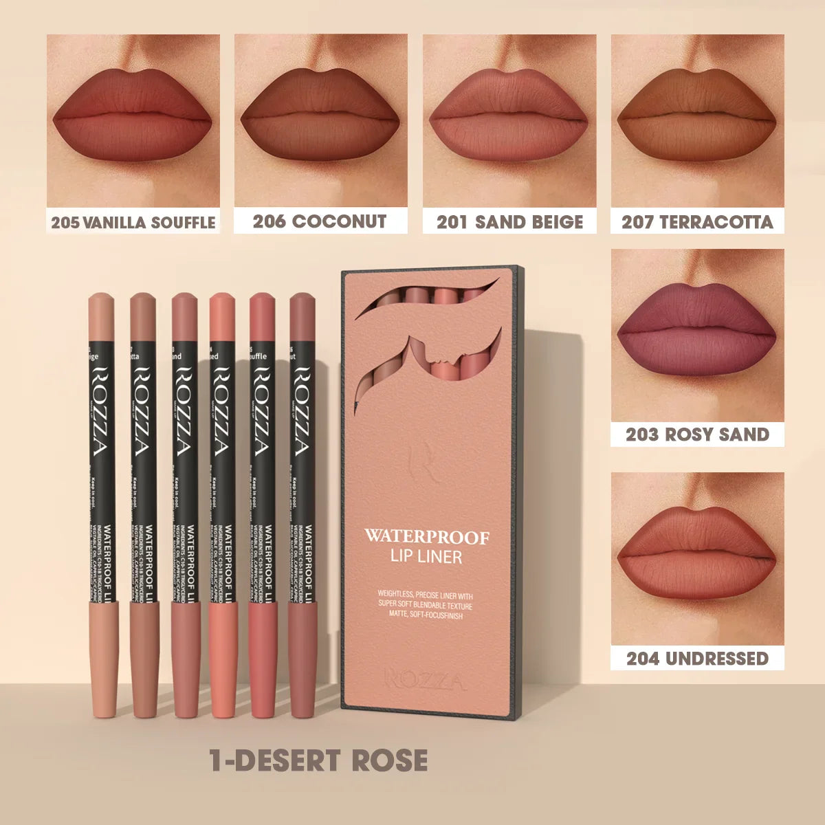 Rozza Waterproof Lip Liner Pencil Set, Weightless Precise Liner with Super Soft Blendable Texture Matte Soft