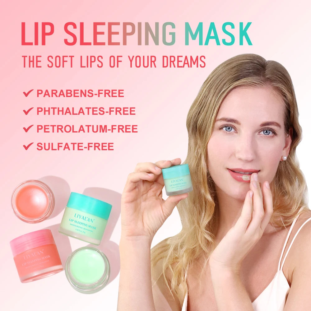 LIYALAN Lip Sleeping Mask Night Lips Care Collagen Moisturizer Smooth Dryness Nourishing Lip Line Cream Fruit Pink Lip Balm 25g