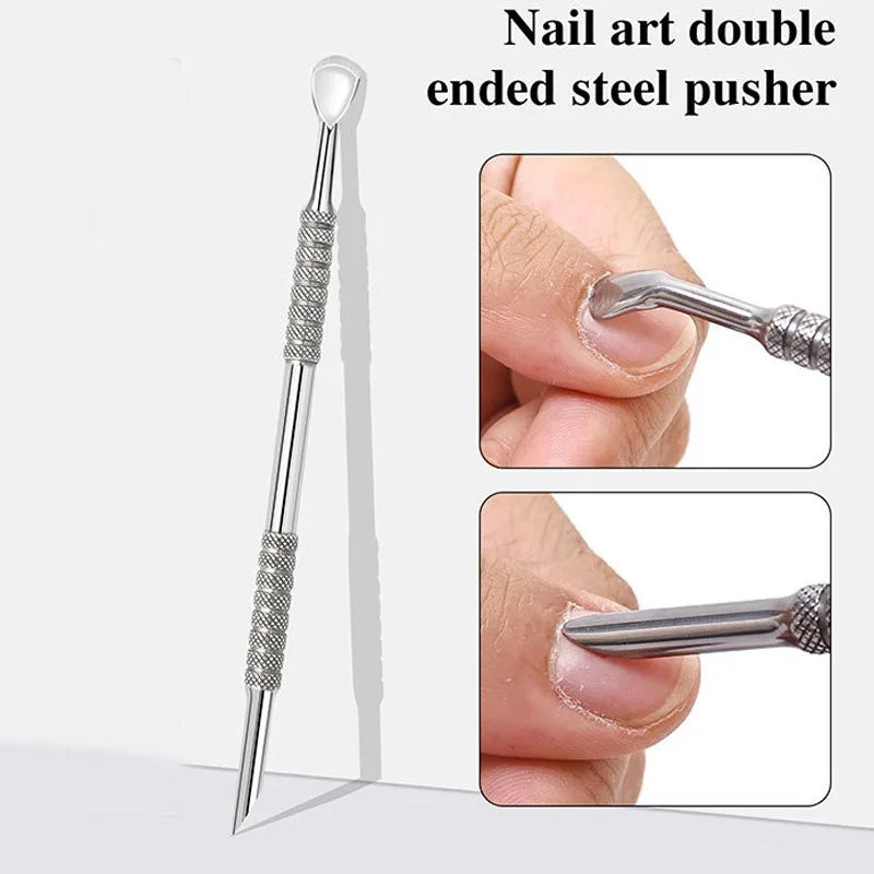 1Pcs Double-end Cuticle Pusher Stainless Steel Angled Hoof Bevel Nail Art Pusher Manicure Sticks Cuticle Remove Tool Nails Care