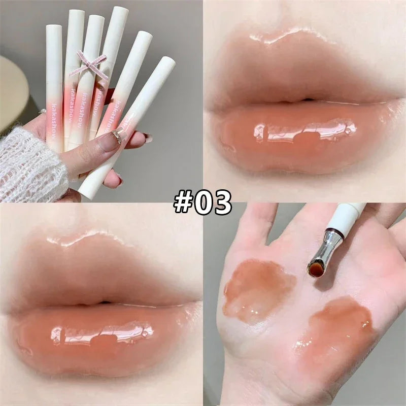 Kakashow Mirror Watery Lip Gloss Iron Brush Head Jelly Lipgloss Moisturizing Lip Tint Lipstick Nature Nude Lips Makeup Cosmetics