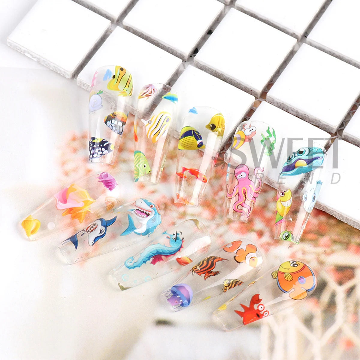 10pcs Adorable Marine Life Nail Transfer Foils Clownfish Starfish Conch Starry Sky Paper Summer Ocean Sliders Manicure Tattoos