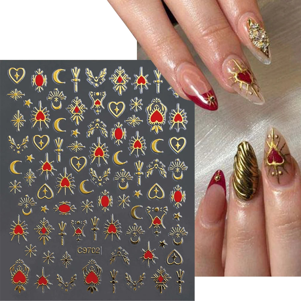1pcs 3D Bronzing Gold Love Heart Nail Art Stickers Y2K Holographic Stars Sun Starlight DIY Nail Decals Heart Manicure Decoration