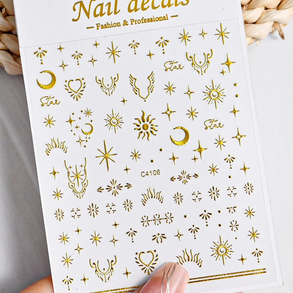 3D Gold/ Silver Star/Sun/Moon Bronzing Nail Art Sticker Laser Star Moon Styles Nail Decal Gold Silver Self-Adhesive Slider 1Pcs