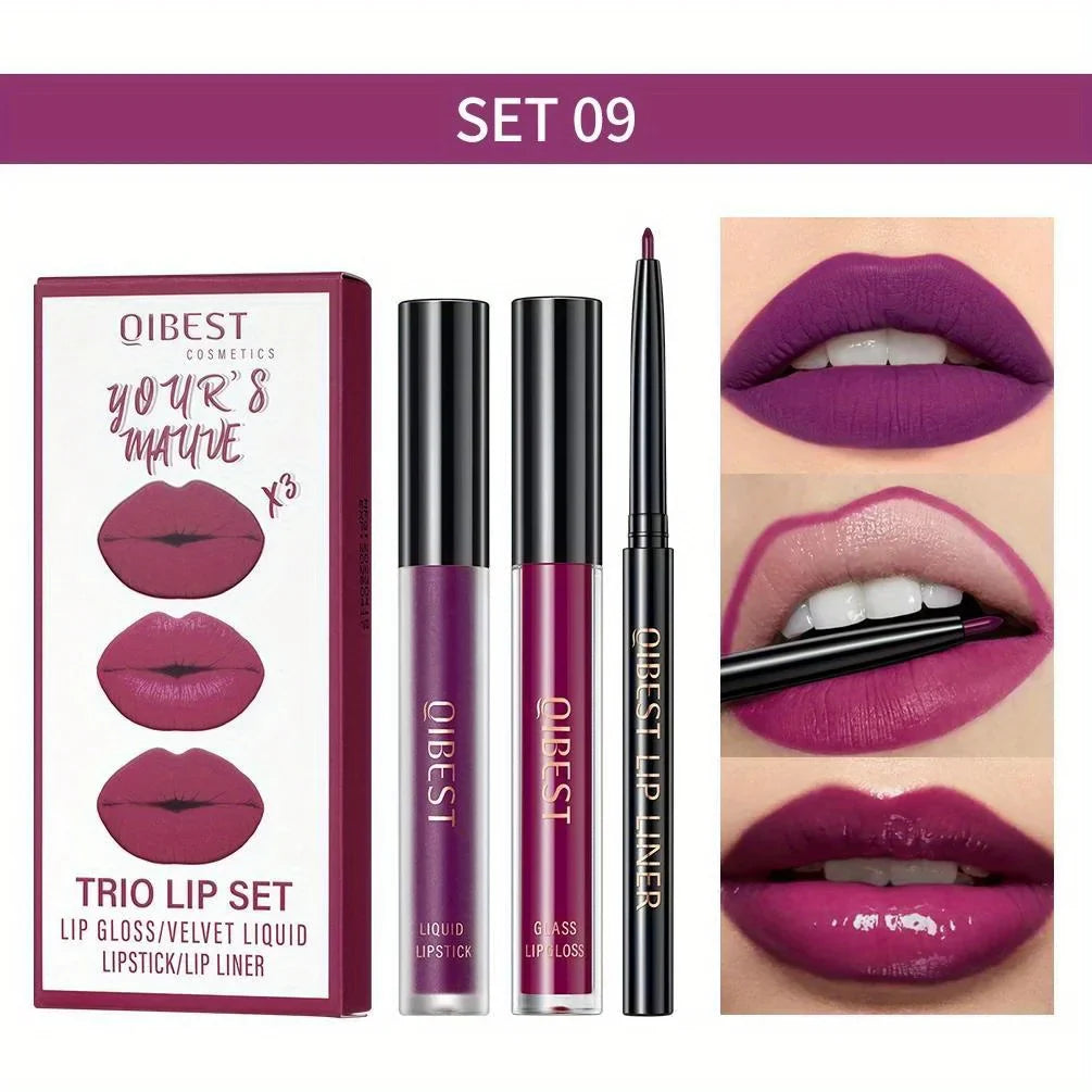 3 in 1 Lipstick and Lipliner Set, Long Lasting Waterproof Lip Stain Liquid Lipgloss Set for Women Halloween Gothic Makeup