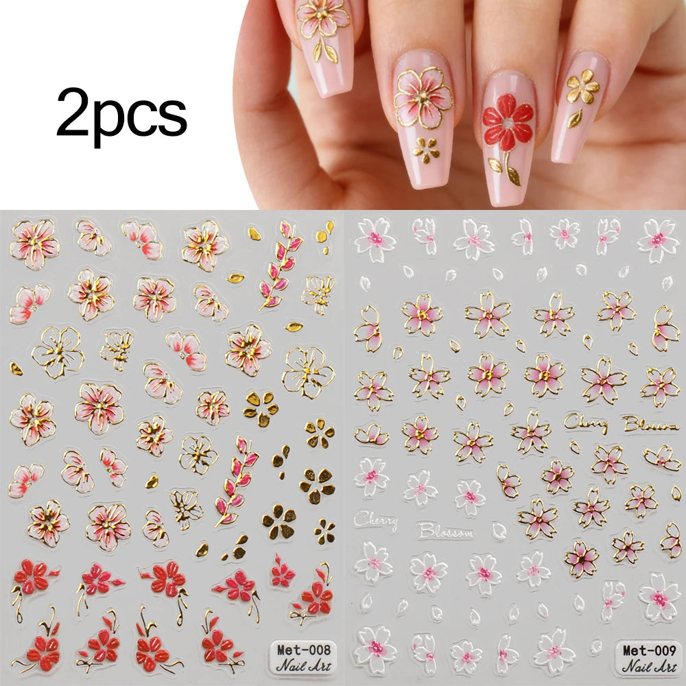 1-2pcs Gold Line Cherry Blossom 3D Nail Art Stickers Spring Peach Flowers Daisy Flowers Gold Leaves Nail Decals For DIY Manicure