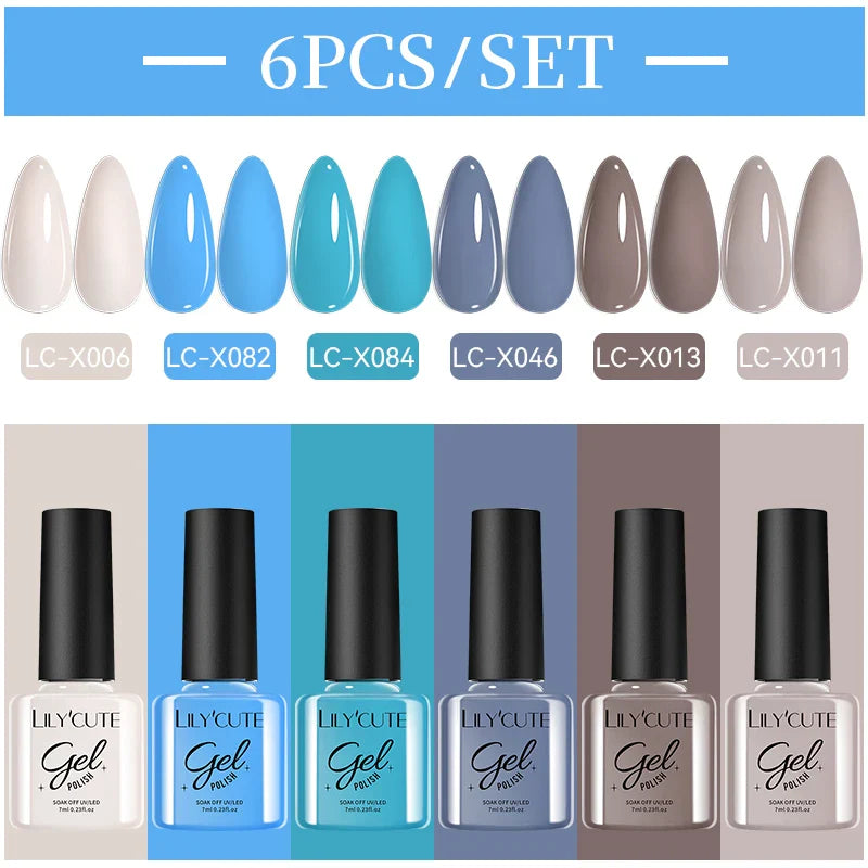 LILYCUE 6Pcs/Set Red Nude Glitter Gel Nail Polish Gorgeous Full Coverage Soak Off UV Gel Nail Art Base Top Coat Gel Polish Kits