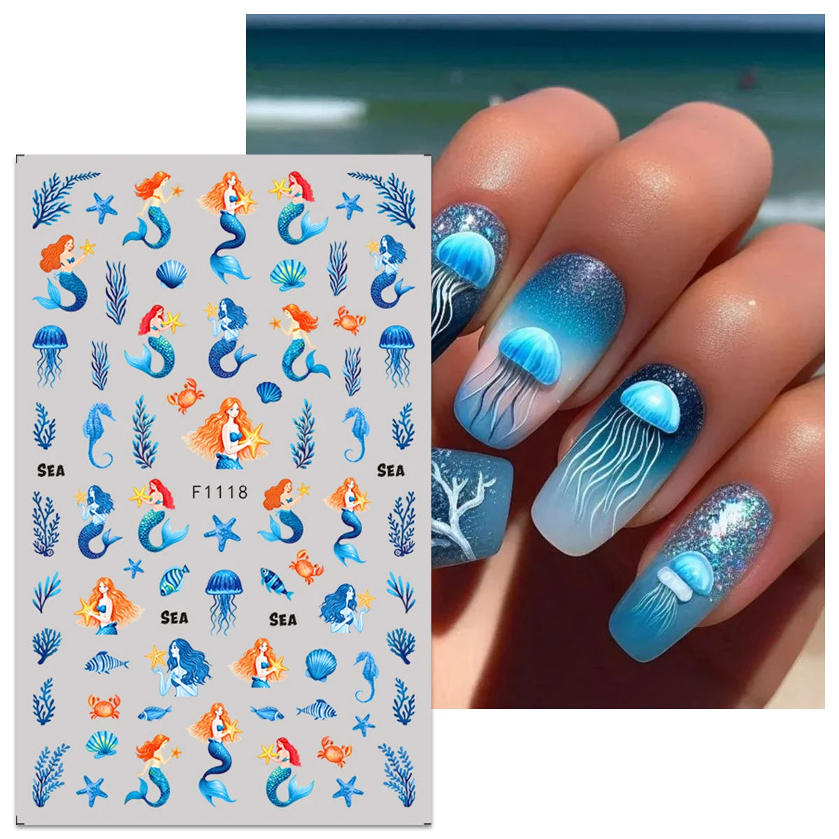 5pcs Summer Ocean Jellyfish Goldfish Mermaid Nail Art Stickers, Art Nail Art Decals, Easy to Apply Nail Decoration, DIY, Gift,