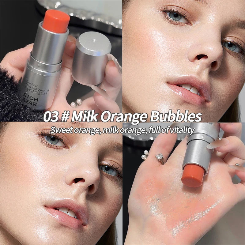 Rich Bear Highlighter Stick - Dewy Finish, Contour & Blush 3-in-1, Natural Glow with Fine Shimmer, Affordable Makeup Stick