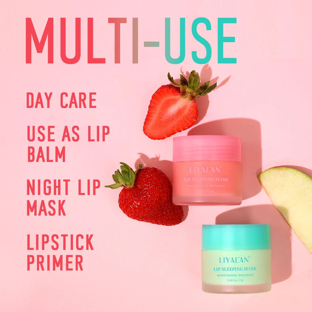 LIYALAN Lip Sleeping Mask Night Lips Care Collagen Moisturizer Smooth Dryness Nourishing Lip Line Cream Fruit Pink Lip Balm 25g