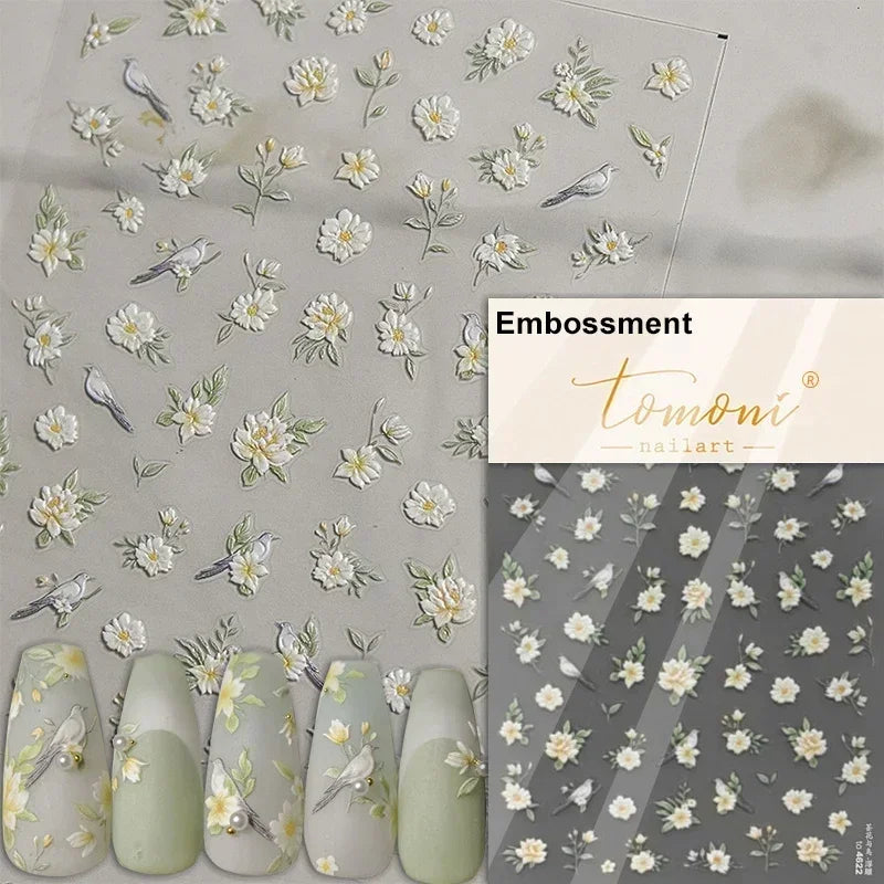 1pcs 5D Glitter Jasmine Flower Nail Stickers Kawaii Embossed Flower Self-Adhesive Nail Art Decorations Decal Manicure Tools DIY