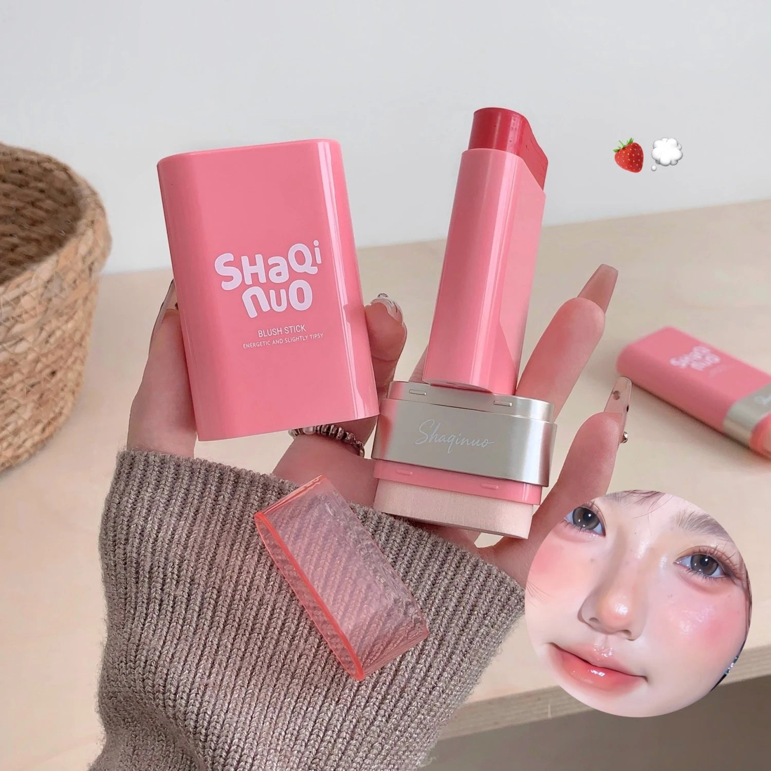 Strawberry Pink Blush Stick Smooth Cheek Tint Korean Make Up Matte Nude Apricot Blusher Cream Brighten Face Rouge Contour Makeup