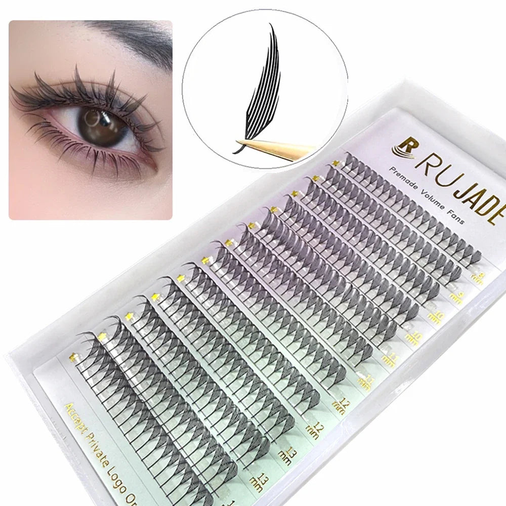 RUJADE Feather Shape Premade Fan Lashes Comic Spire Eyelashes Automatic Flowering Russian Volume Eyelash Extension Fairy Lashes