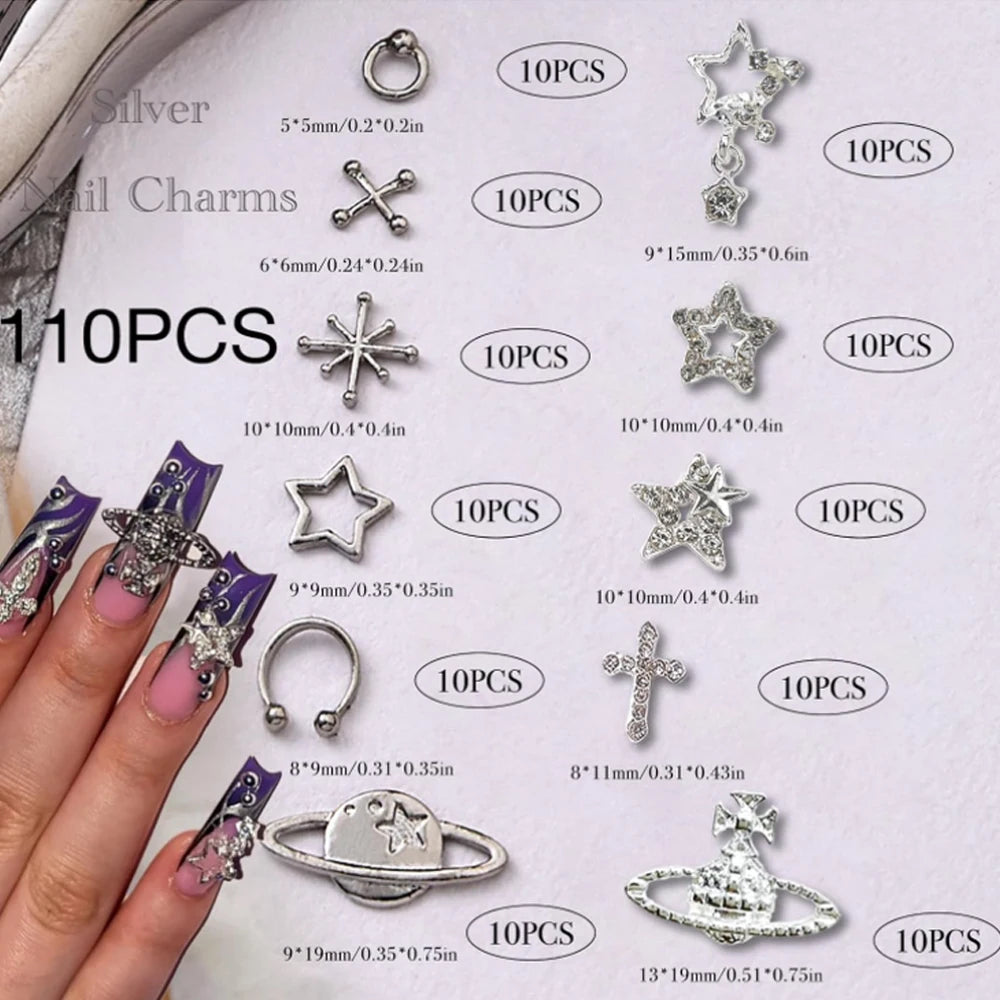 110pc Star Nail Charms, Silver Star Planet Cross Alloy Nail Art Decoration