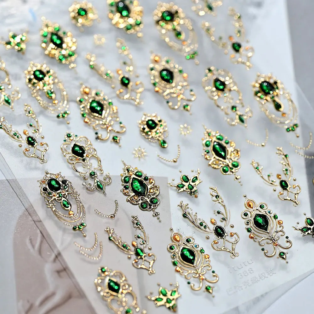 5D Embossed Emerald Gemstones Nail Art Stickers Luxury Golden Frame Baroque Flower Nail Decals Green Rhinestones Nail Supplies