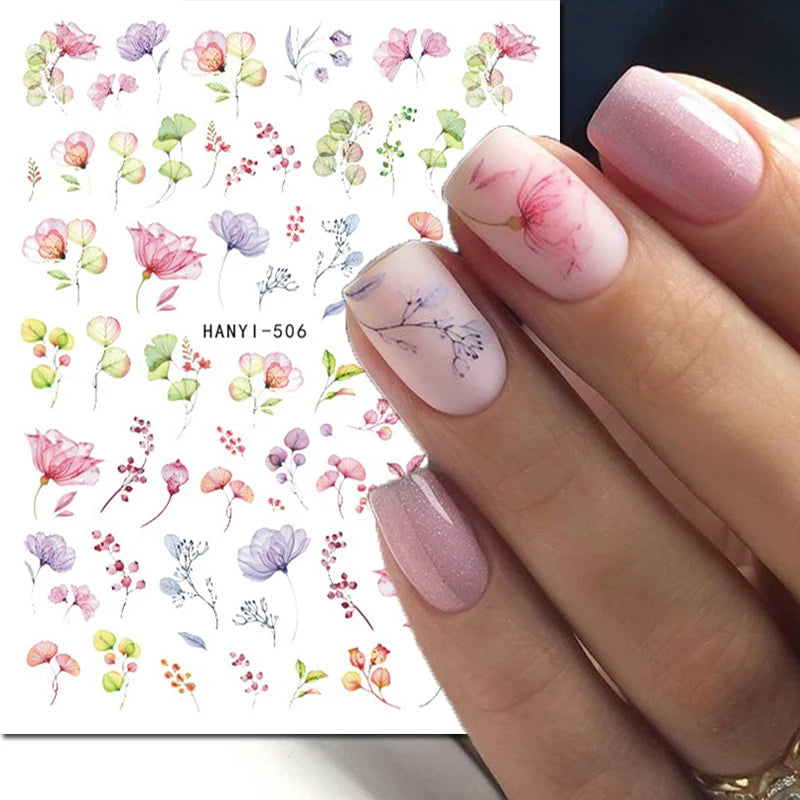 3d Nail Art Decals Watercolor Florals Purple Green Pink Flowers Leafs Fruit Adhesive Sliders Nail Stickers For Manicure