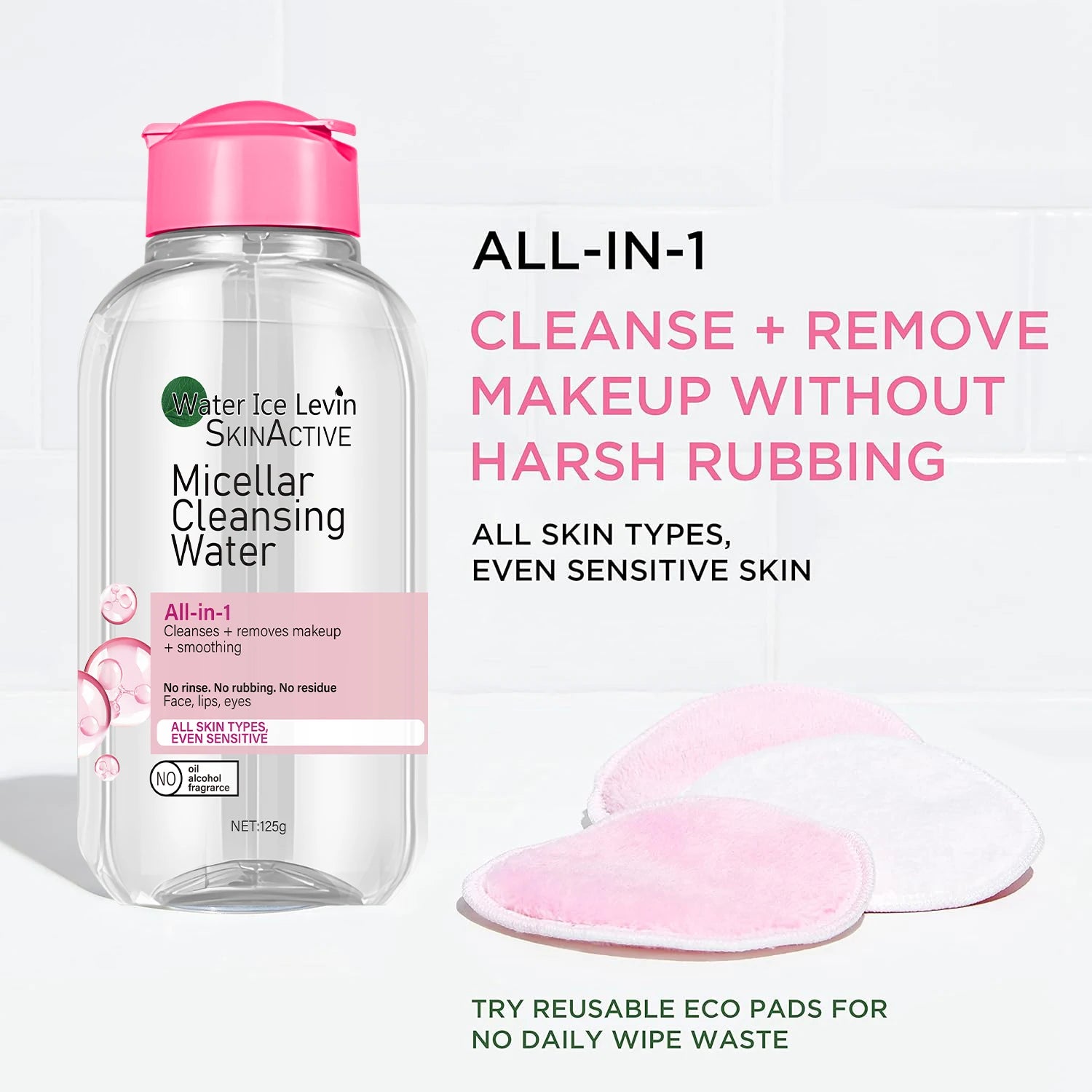 Water Ice Levin Micellar Water: All-in-1 Cleanser & Makeup Remover. No Rinse, No Rub, For Sensitive Skin. 125g.