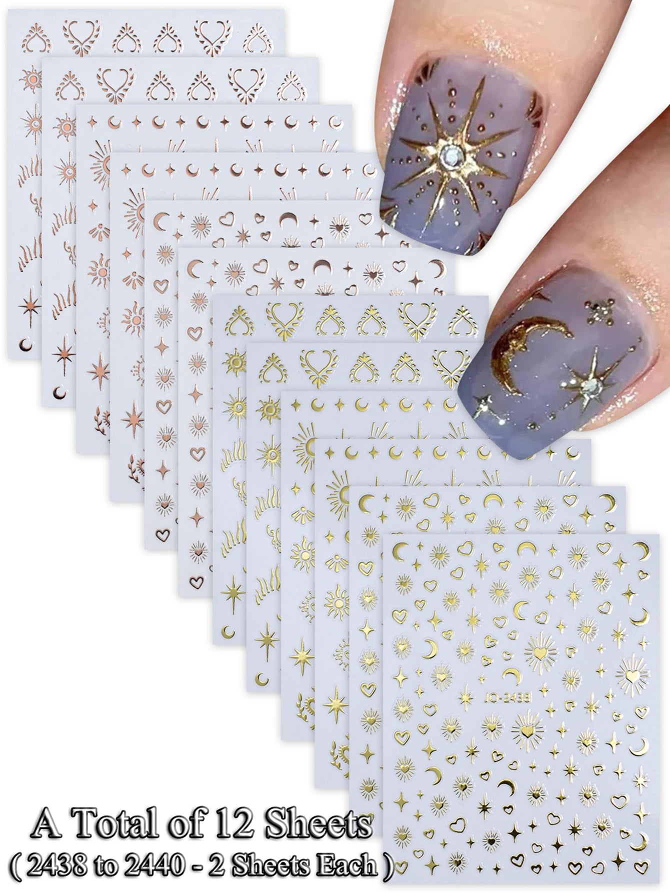 6/12 Sheets Gold & Silver Star, Moon & Heart Nail Stickers, Self-Adhesive 3D Nail Art Decals for DIY Manicure Decoration