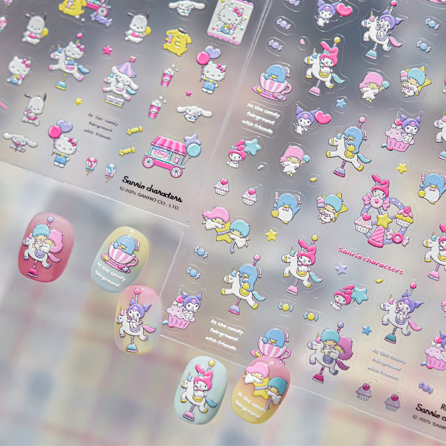 1PCS New Sanrio Family Cartoon 5D Embossed Nail Sticker Cute Hello Kitty Kuromi Pom Pom Purin Decal Nail Decoration