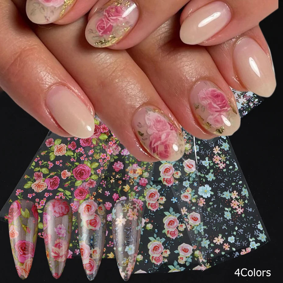 4Style Rose Flower Nail Foil Transfer Sticker - Elegant Flower Starry Sky Paper Spring/Summer Floral Decals for Wedding Nail art