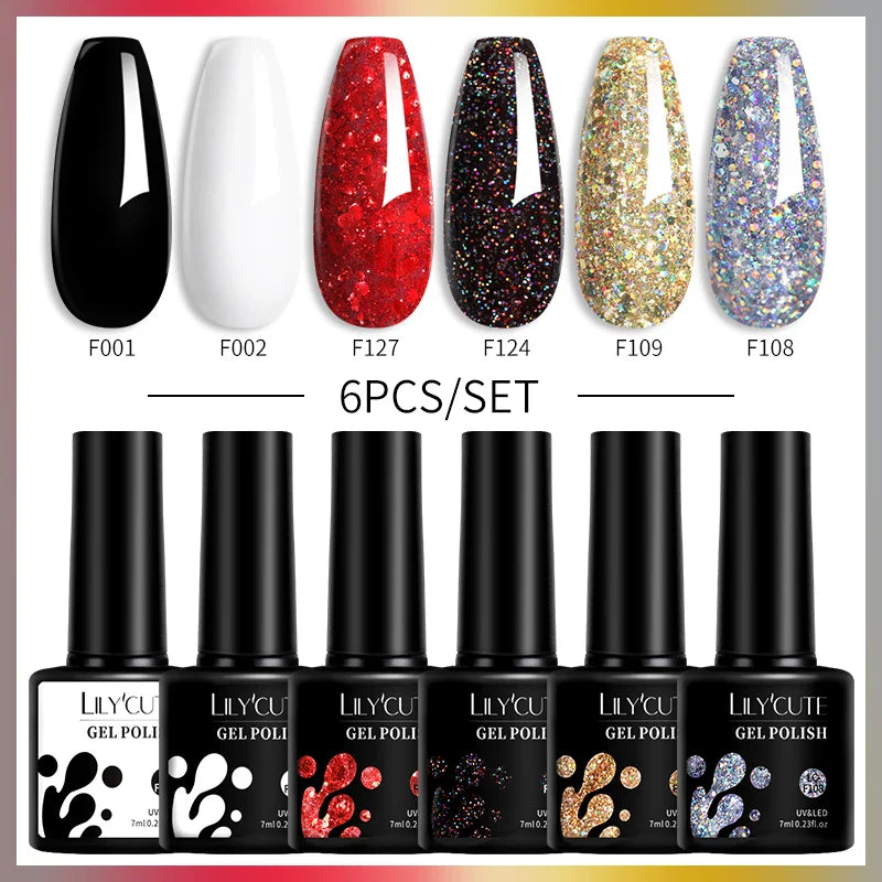 LILYCUTE 6PCs/Set Gel Nail Polish Set Kit Glitter Nail Gel Sequin Vernis Semi Permanent For Manicure Varnish UV LED Nail Art Gel