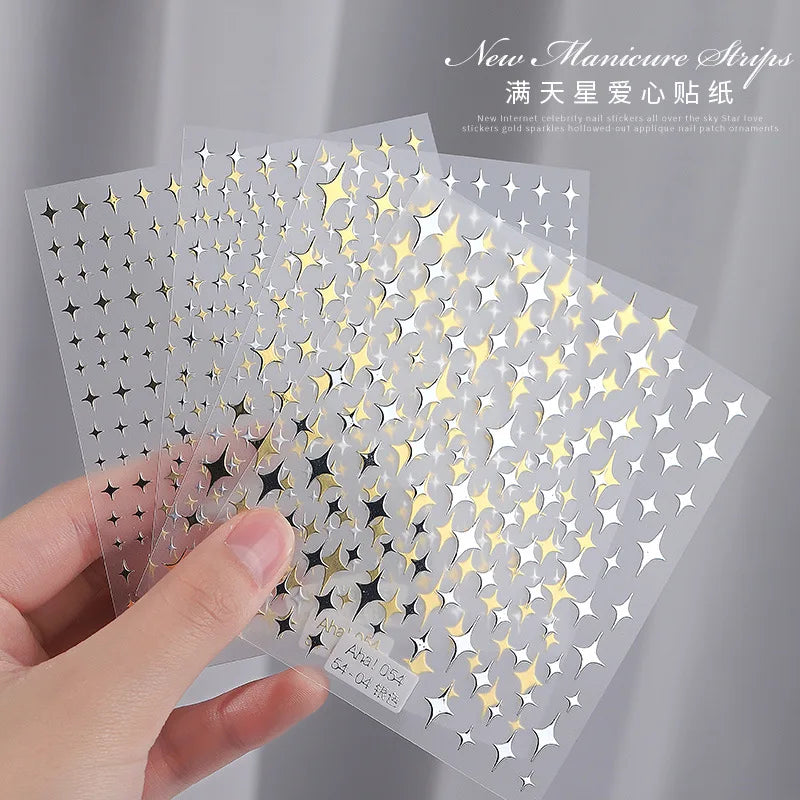 3D Gold Silver Star Nail Art Stickers Black White Crescent Moon Decals Self Adhesive Slider Polish Stickers Manicure Decoration