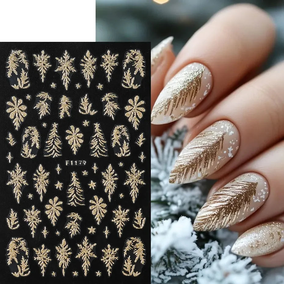 1PCS Golden Glitter Leaf Nail Art Stickers Shinny Christmas Trees Snowflake Sliders Japanese Winter Y2K Leaves Manicure Decor