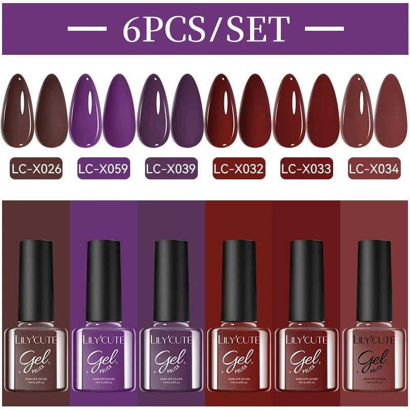 LILYCUE 6Pcs/Set Red Nude Glitter Gel Nail Polish Gorgeous Full Coverage Soak Off UV Gel Nail Art Base Top Coat Gel Polish Kits