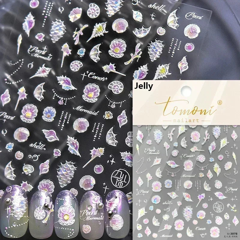 Sea Wave Jellyfish Starfish Conch Shell Dolphin Pearl Summer Beach Goldfish Water Bubble Mermaid Koi INS Nail Art Stickers Decal