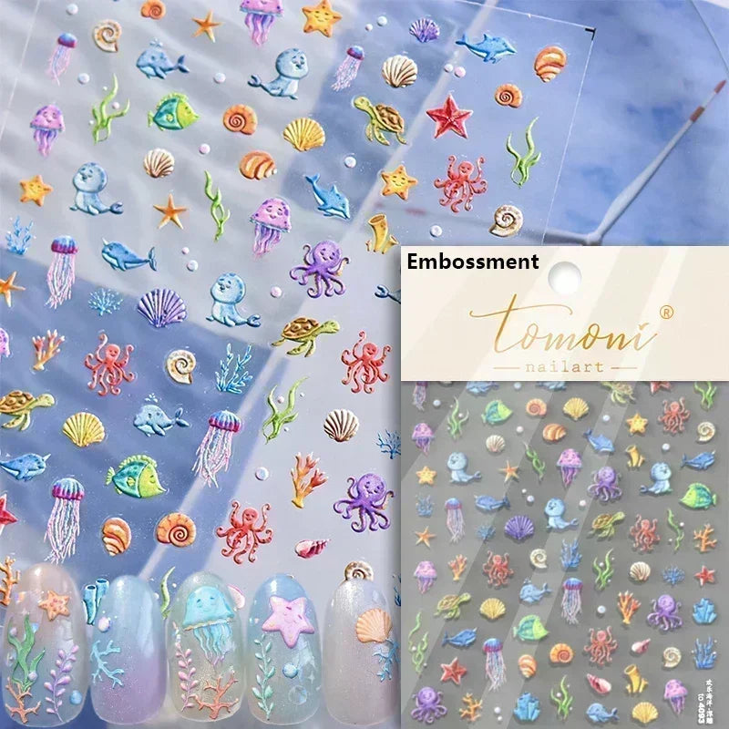 Sea Wave Jellyfish Starfish Conch Shell Dolphin Pearl Summer Beach Goldfish Water Bubble Mermaid Koi INS Nail Art Stickers Decal