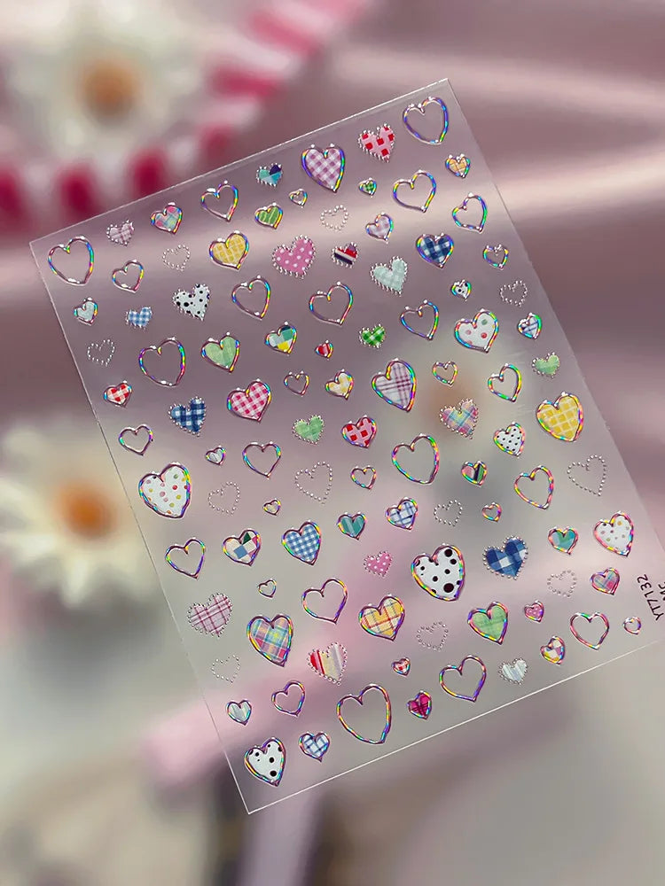 Silver-embossed Heart-shaped Nail Stickers Valentine's Day Colorful Checkered Nails Art Sticker Decorations DIY 3D Nails Decals