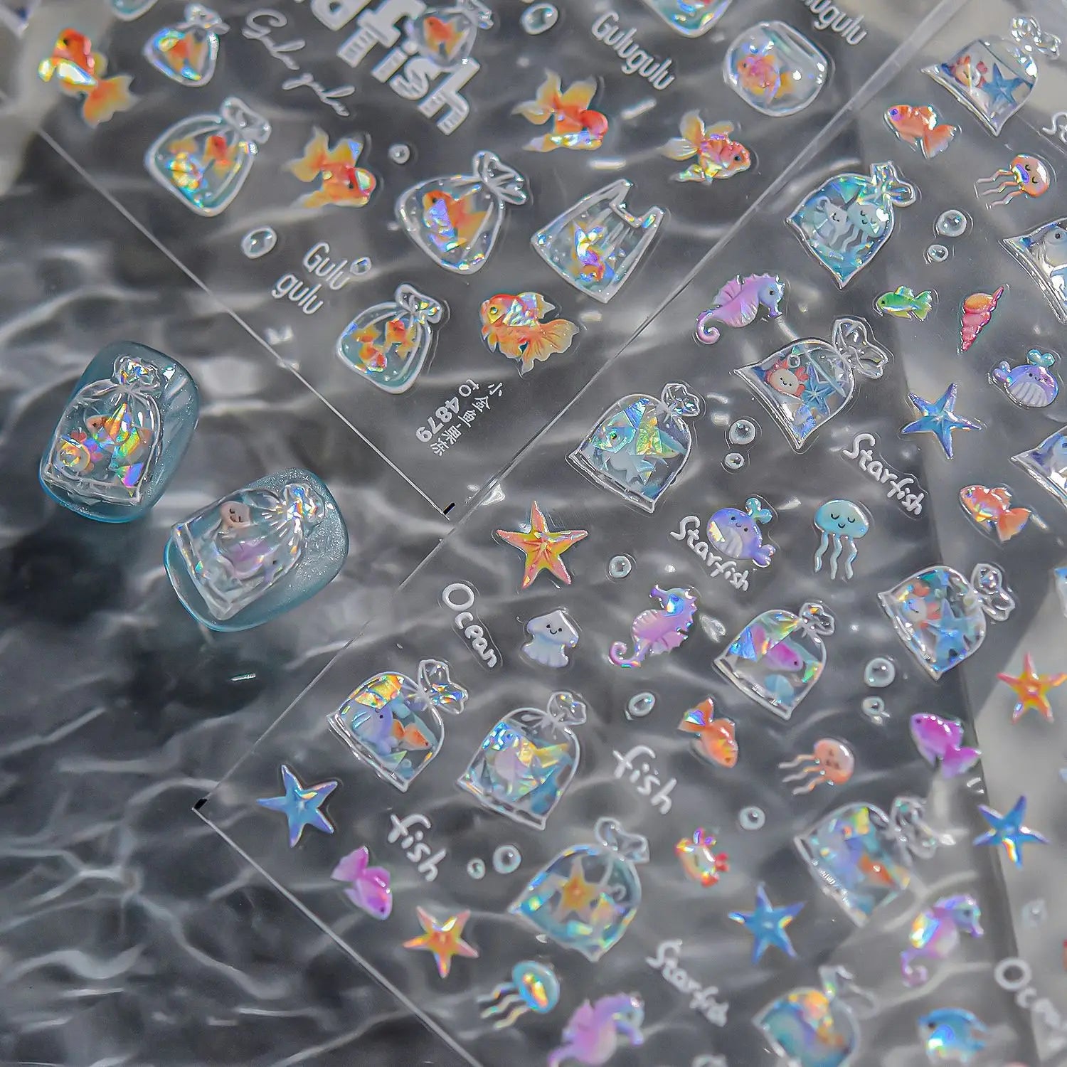 1pcs Cute A bag of Starfish Nail Charm Stickers 3D Jelly Ocean Fish Bubble Adhesive Nail Sticker DIY Summer Nail Art Decorations