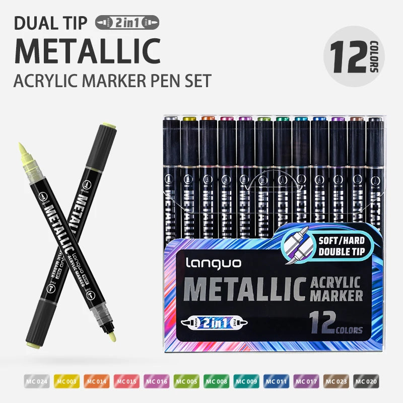 Languo 12/24/48 Colors Dual Tip Metallic Acrylic Marker Pen Set Student DIY Graffiti Hand Drawn Paint Pens Stationery M750