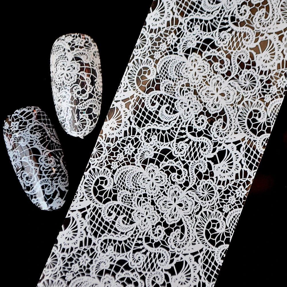Cool Lace Nail Foil Sticker White Black Flower Pattern Swirl Vines Nail Art Design Glue Transfer Decal Foil Manicure Supplies
