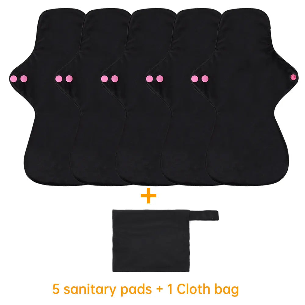 Reusable Pads Set 4 Sizes for Choice Pure Black Reusable Menstrual Pads Super Absorbent Sanitary Napkins.