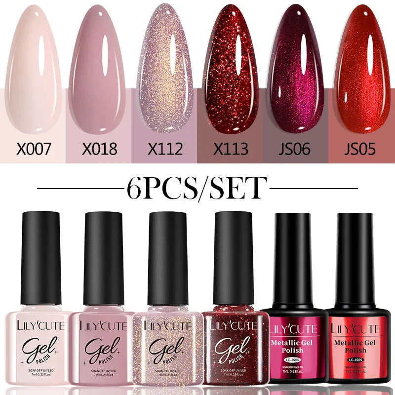 LILYCUE 6Pcs/Set Red Nude Glitter Gel Nail Polish Gorgeous Full Coverage Soak Off UV Gel Nail Art Base Top Coat Gel Polish Kits