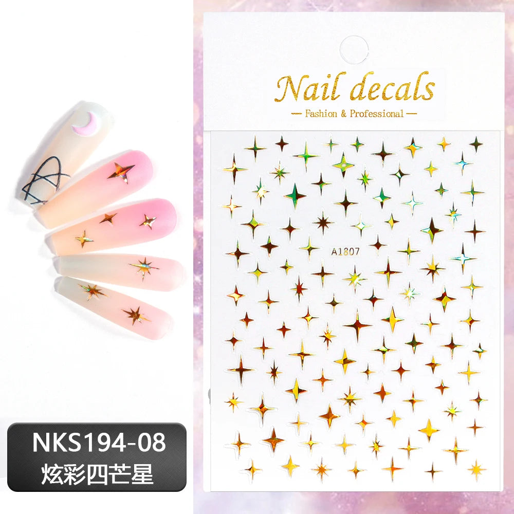 3D Gold Silver Star Nail Art Stickers Black White Crescent Moon Decals Self Adhesive Slider Polish Stickers Manicure Decoration