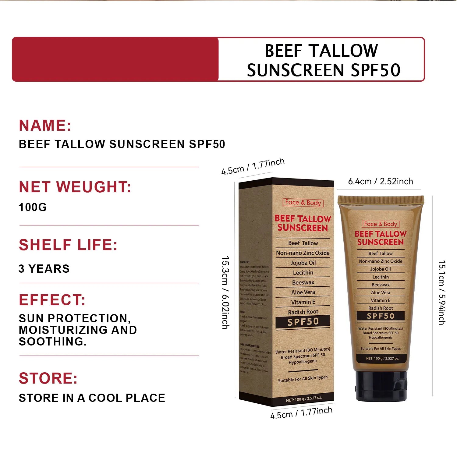 100g Organic Grass-Fed Beef Tallow Sunscreen SPF50 Long-lasting Sun Protection Face & Body Sunscreen Waterproof and Sweat-proof