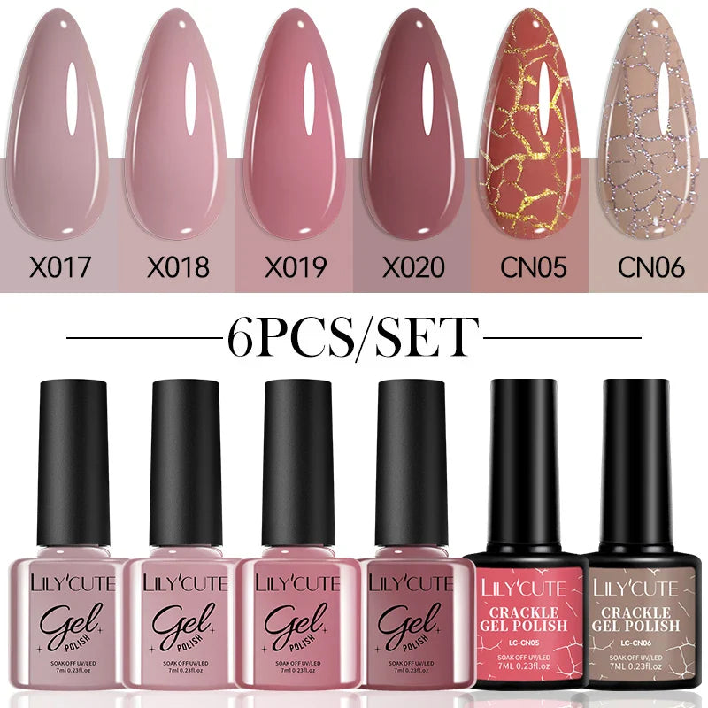 LILYCUE 6Pcs/Set Red Nude Glitter Gel Nail Polish Gorgeous Full Coverage Soak Off UV Gel Nail Art Base Top Coat Gel Polish Kits