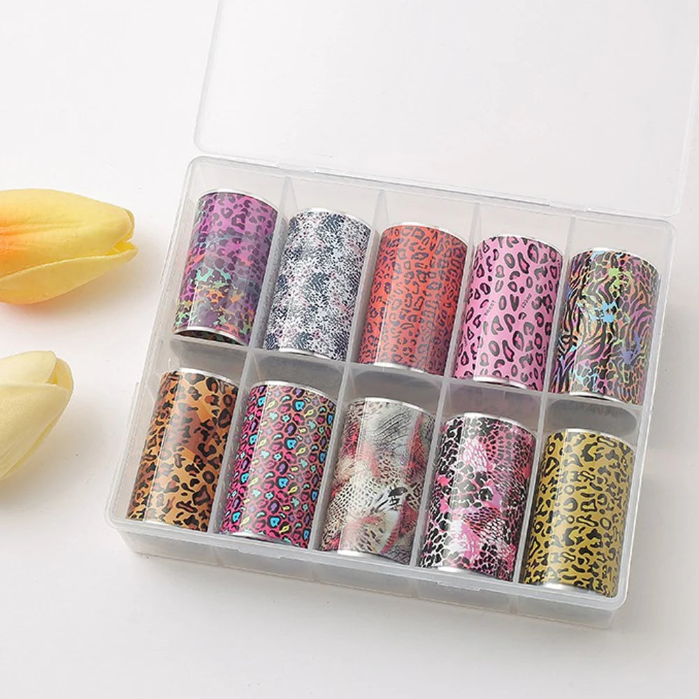 10Rolls 4*50cm Sexy Leopard Print Nail Foil Transfer Stickers Wild Animal Skin Decals Y2K Hot Girl Leopard Nail Art Decorations