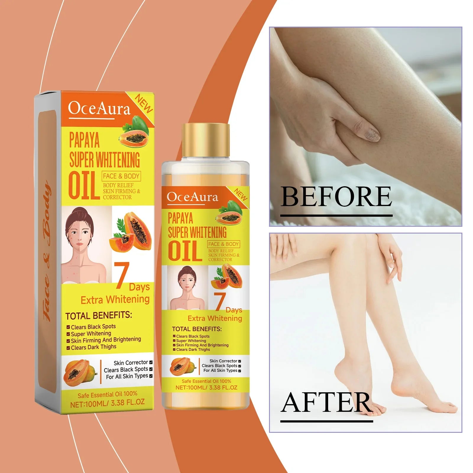 OCEAURA Papaya Super Whitening Oil Face & Body Moisturizer Nourishing Whitening Body Oil Body MassageSkin Papaya Oil 3.38 oz