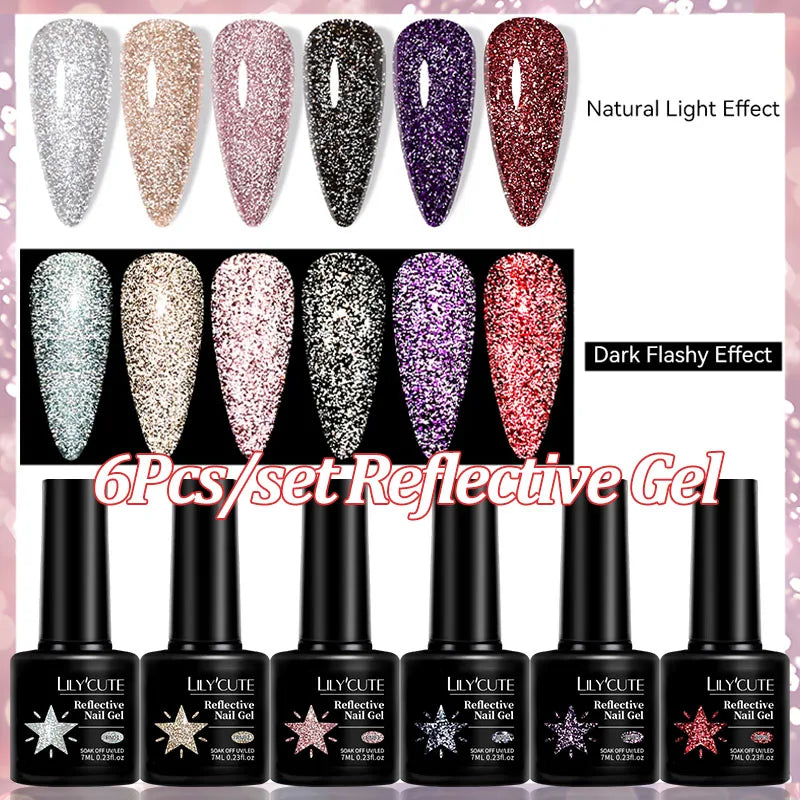 LILYCUE 6Pcs/Set Red Nude Glitter Gel Nail Polish Gorgeous Full Coverage Soak Off UV Gel Nail Art Base Top Coat Gel Polish Kits