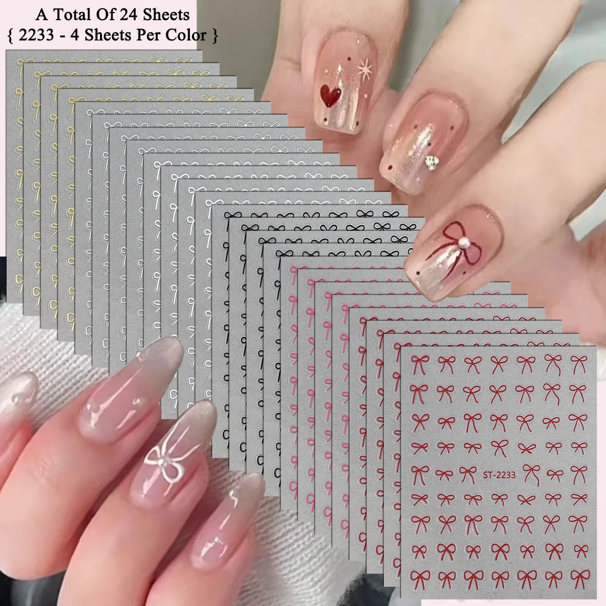 2 to 30 Sheets 3D Bow Nail Art Stickers, Mini Ribbon Outline Decals, Transparent Self-Adhesive Cute Design for DIY Manicure