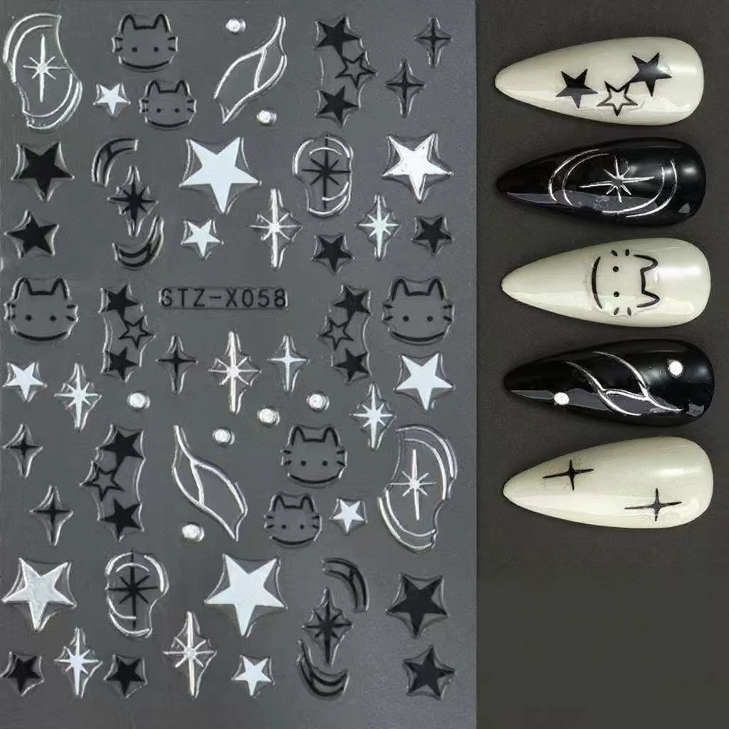 Black Silver Cat Animals Nail Sticker Decals Y2K Charms Cute Dog Cartoon Adhesive Sliders Foils For Manicure Nail Art Decoration