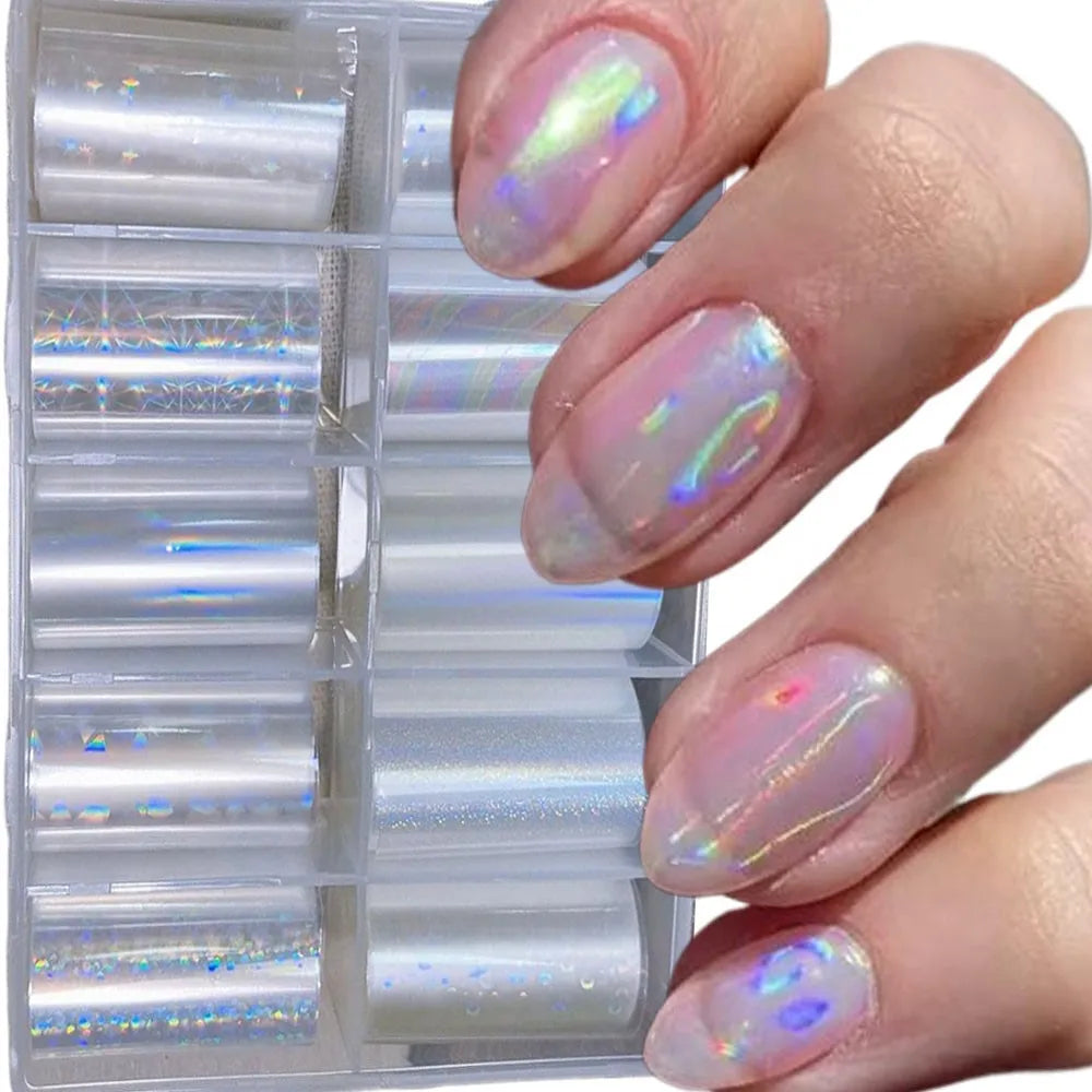 10Rolls Clear Laser Aurora Nail Foil Sticker Iridescent Holographic Glass Fragment Transfer Foil Decals 4x50cm Nails Decoration